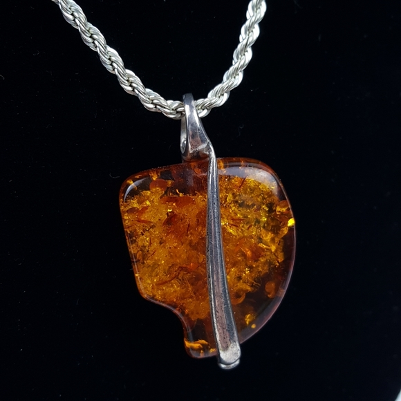 24" genuine 925 silver necklace w/Amber pendant - Picture 6 of 8